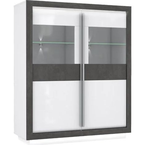 Armoire vitrine 2 portes blanc laqué décor gris béton – Éclairage LED intégré – Dimensions 133x162x53 cm – 6 compartiments et 2 tablettes vitrées – Meubletmoi (1/4)
