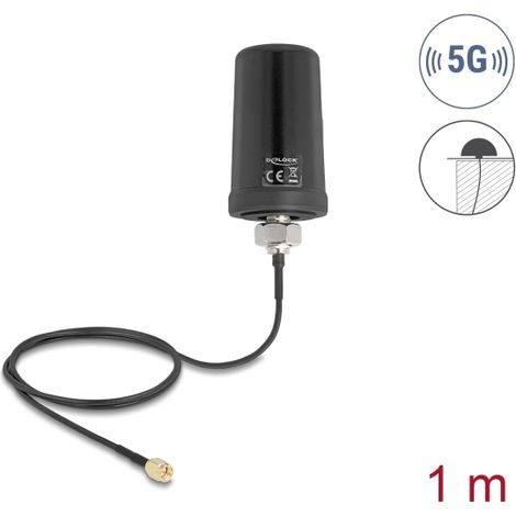 Delock 5G LTE GNSS WiFi 6 Antena macho SMA 1,1 - 4,0 dBi omnidireccional con cable de conexión ULA100 1 m montaje en el techo para exteriores negro