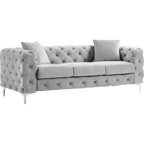 Canapé 3 places chesterfield en velours gris clair EDWINA