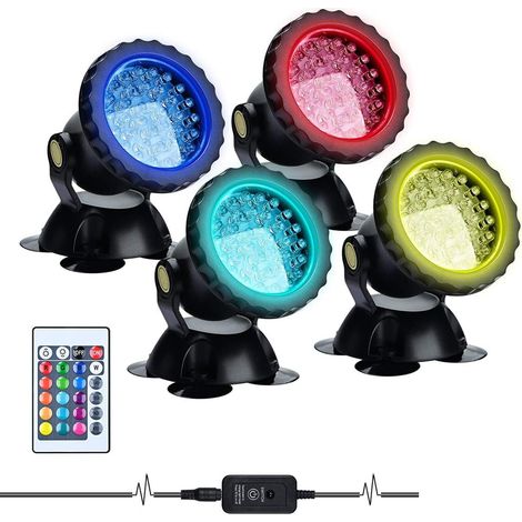Projecteurs sous-marins étanches Lychee, lampes submersibles amphibies à changement de couleur avec télécommande pour bassin de jardin, aquarium, cour, piscine, fontaine, aquarium (lot de 4) (1/5)