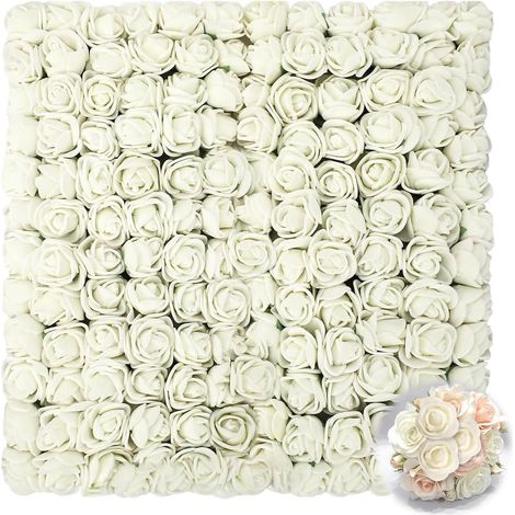 144 Têtes de rose, 2.5cm, Mousse, Blanc, Tige flexible, 7cm, Mariage, DIY, Décoration (1/5)