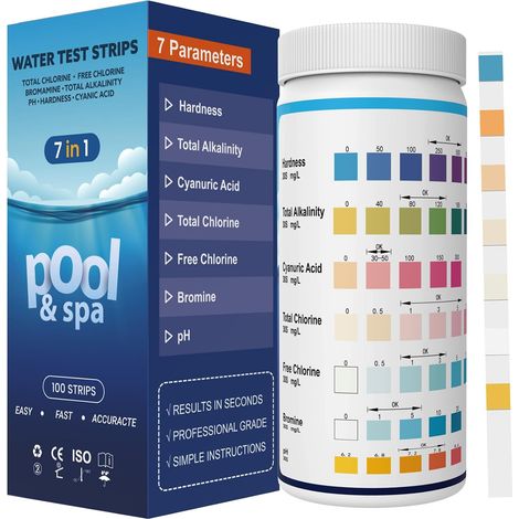 Bandelette Piscine, Languette Piscine, Testeur Piscine, Bande Test Piscine, Test pour Piscine : pH, Chlore Libre, Chlore Total, Brome, Dureté Totale, Alcalinité Totale, Acide Cyanurique CYA (1/5)
