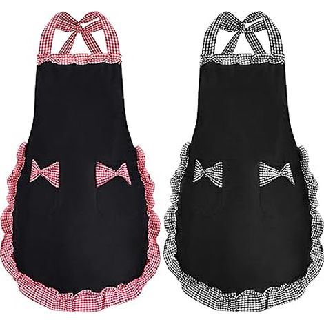 Schwarze Damenschürze mit 2 Taschen, wasserdicht, zum Kochen und Gärtnern (2er-Set) (1/5)