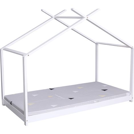 FURNITURE HMD White Single Solid Pine Bed Frame with House Top Design,Mattress(WITHOUT):90x190cm (1/4)