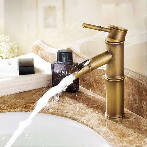 VURAHOME - Robinets de salle de bain - Robinet mitigeur cascade, Robinet de lavabo cascade en laiton, Robinet mitigeur en laiton antique, Robinet mitigeur en bambou, Sortie à 2 joints (1/5)