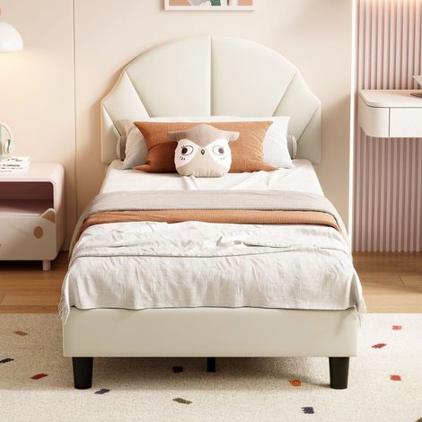 Letto singolo 90x200 cm con testiera regolabile in altezza, rete a doghe in legno, letto imbottito per bambini in velluto - beige