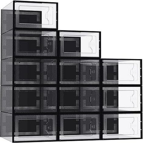 Lot de 12 boîtes à chaussures empilables en plastique transparent, range-chaussures, organisateur de chaussures pour dressing (noir) Moyen (1/5)