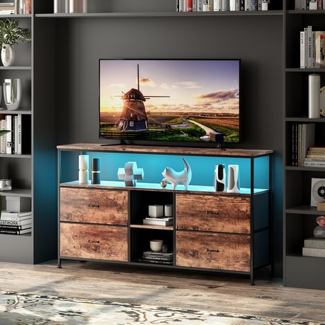 Meuble TV 108cm - Buffet avec 4 Tiroirs en Tissu - Panneau Motif Bois de Tige - Étagère de Rangement - Structure Métal Noir (1/5)