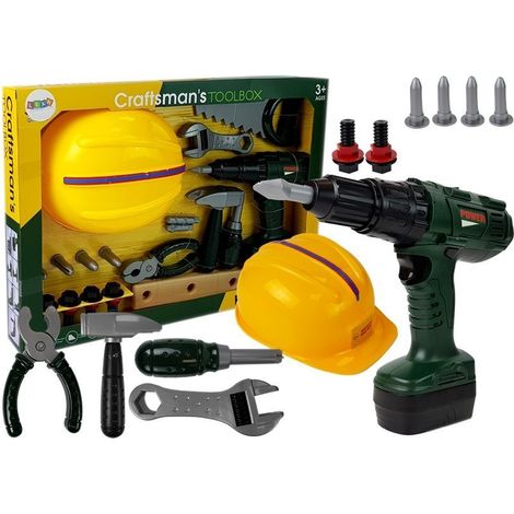 Set di attrezzi: trapano a batteria, martello e casco. (1/5)