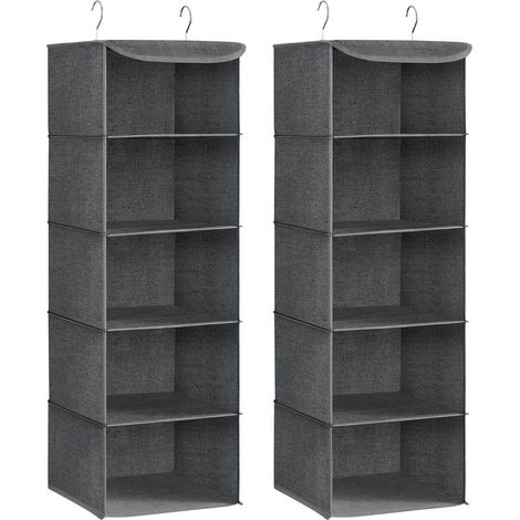 Set mit 2 faltbaren, platzsparenden Hänge-Kleidertaschen mit Metallhaken, Bambusverstärkung, Leinenmuster, Grau (1/5)