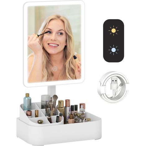 Miroir de maquillage avec éclairage réglable sur 2 niveaux, rotation à 180° et organiseur de maquillage, blanc (1/5)