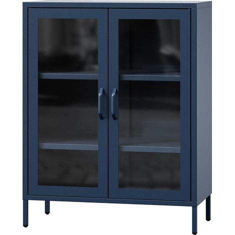 Jan Nowak kleiner Vitrinenschrank Kommode mit 2 Glastüren Gina 2 verstellbare Einlegeböden Standschrank aus Metall, 80 x 101,5 x 40 cm, Dunkelblau