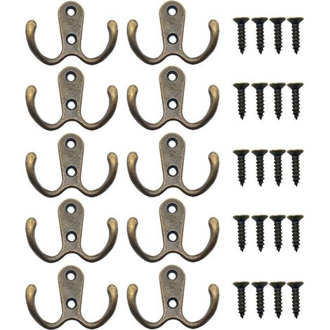 10 Pièces Crochet a Vis Double Métal Crochets et Patères Rangement pour la Maison étagères Tiroirs Casiers Bain(Bronze) (1/4)