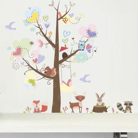 BEBUSINGOTO Un lot de Stickers Muraux pour Chambre d'Enfant Garçon Fille Animaux Arbre Cœur Autocollant Mural pour Chambre Bébé Décoration pour Crèche Garderie