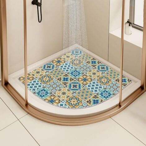 Tapis de douche d'angle en luffa antidérapant et anti-moisissure pour salle de bain avec évacuation (bleu, 60 x 60 cm) (1/5)