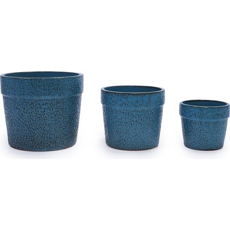 Set di 3 vasi in ceramica fatti a mano blu antico con foro di drenaggio (1/5)