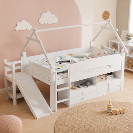 Cama alta infantil 90x200 cm blanca en madera maciza y MDF con tobogán, almacenaje y barreras (1/5)