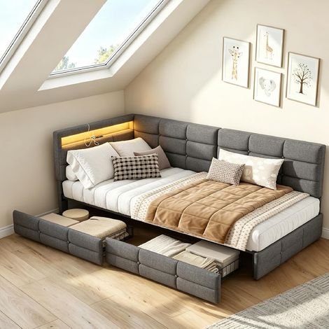 Canapé Lit 140x190cm avec Tiroir de Rangement,Canape Lit Rembourré avec Éclairage LED et Ports USB, Moderne Banquette Lits 1 Personne Multifonction avec Sommier à Lattes,Lin,Gris (1/5)