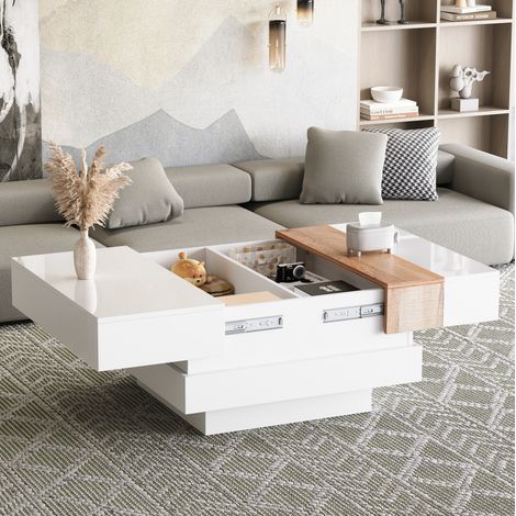 Ausziehbarer quadratischer Couchtisch 70 x 70 x 39 cm, versteckter Stauraum, weiß OKMYHOME (1/5)