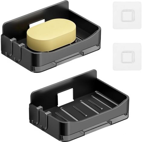 2 Pièces Porte Savon Mural Porte Savon Douche sans Perçage Support savons avec Crochets Autoadhésif PorteSavons Salle de Bain en Plastique Portes Eponge pour Maison Cuisine (Noir)