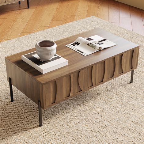 Holz Couchtisch 105 x 55 cm, Retro-Design für Wohnzimmer, mit 2 Stauraum-Schubladen im Wellenmuster - Holzfarbe