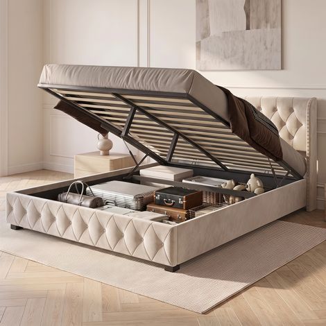 Lit coffre 140x190 cm, avec grand rangement hydraulique, sommier à lattes, tête de lit capitonnée à clous, velours, Beige (1/5)