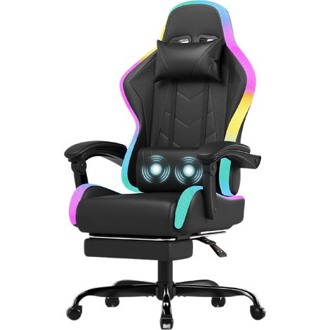 Chaise Gaming avec LED, Fauteuil Gaming au Design de La Course Automobile avec Repose-Pieds Extensible, Chaise de Bureau Ergonomique avec Fonction Massage, Capacité de Charge 150 kg, Noir Mat (1/5)