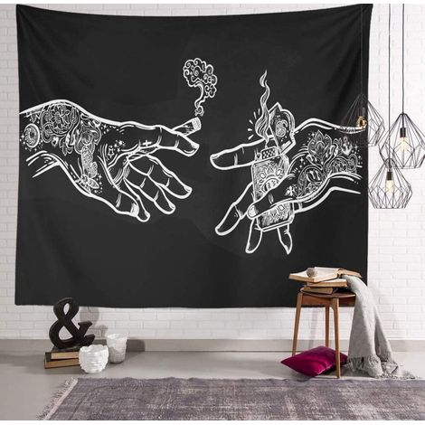 200×150 cm Murale Mains Florales Blanches et Noires, Funny Trippy Hippie Boho Nouveauté Tapisserie Tenture Murale, Tissu Imprimé Art Décor (1/5)