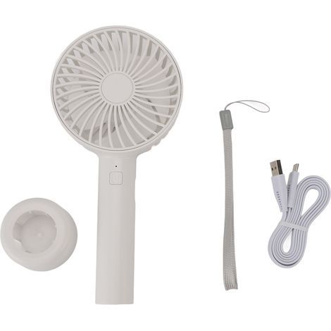 Ventilateur portable silencieux et durable, rechargeable, 3 vitesses, avec dragonne et base, idéal pour une utilisation quotidienne, la plage, le vélo et le camping (blanc). (1/4)