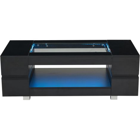 Table basse noire LED Bluetooth, verre, double plateau, 100x50x35 cm (1/5)