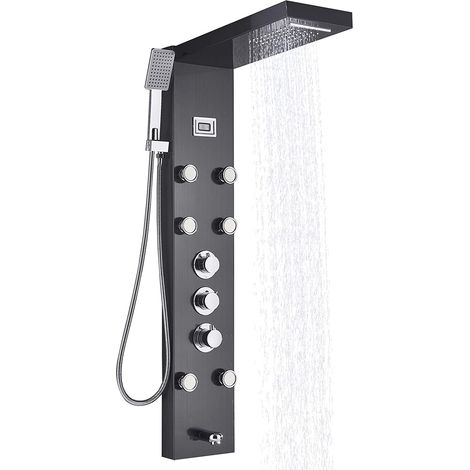 Thermostatic Shower Tower Panel Black Temperature Screen 5 Functions,Rainfall and Waterfall Shower Head+Hand Sprayer+Massage Jets+Tub Spout,3 Handles Thermostatic Control (1/5)