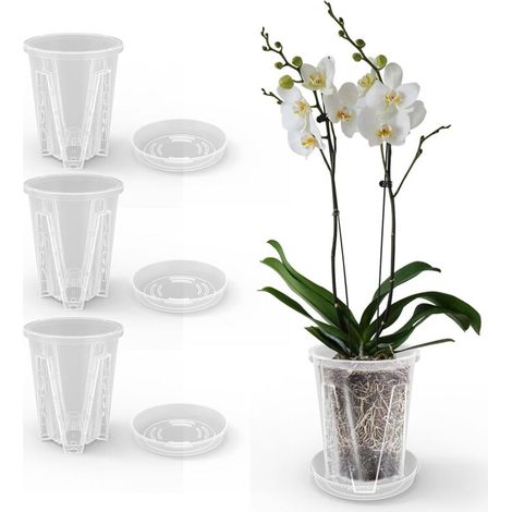 (3 piezas, 5,5 pulgadas) Macetas transparentes para orquídeas con bandeja y orificios de drenaje. Macetas de plástico para interiores y exteriores, balcones y escritorios. (1/5)