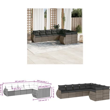 9-tlg. Garten-Sofagarnitur mit Kissen Grau Poly Rattan - Gartenmöbel Set - PE-Rattan Möbel - Outdoor Lounge - Garten Sofa - Wetterfeste Gartenmöbel - Home & Living (1/3)