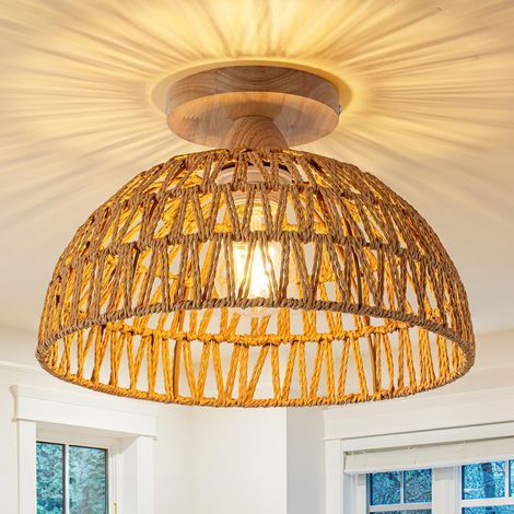 Lustre en rotin, suspension bohème tissée main style wabi-sabi pour intérieur, chambre, cuisine, entrée – E27 max 60W (ampoule non incluse) (1/5)