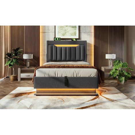 Lit avec rangement 90x200 cm en lin gris, LED tête/pied, tête de lit avec USB/Type-C, sommier à lattes + matelas inclus (1/5)