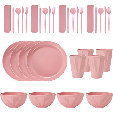 Service de table portable en paille de blé (bols, assiettes et tasses), couteau, fourchette, cuillère et baguettes portugaises. Ensemble de 36 pièces. (1/5)