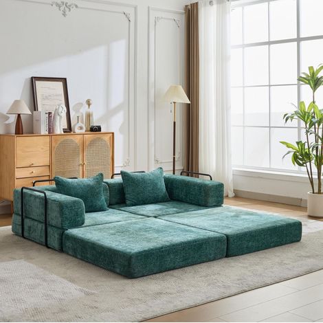 Divano letto 200x100x63 cm in ciniglia verde scuro, senza montaggio, MEUBLIV (1/5)