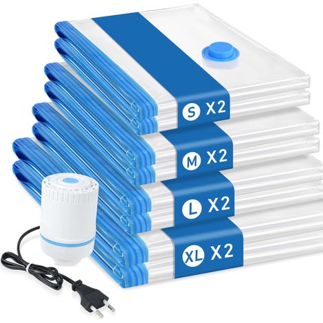 Housse Sous Vide Pour Vetement- 8 Pcs Sac Sous Vide Vetement Avec Aspirateur Électrique, Idéal pour Vêtements, Couettes et Voyage,2 S(40x60cm), 2 M (50x70cm), 2 L(60x80cm), 2 XL(80x100cm) (1/5)