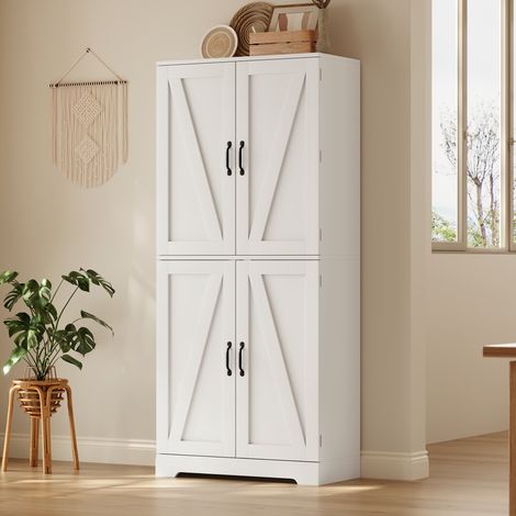 Armoire haute de cuisine 80x40x178 cm avec 4 portes style grange, casier à vin, rangements de porte, étagères réglables, anti-basculement, MDF blanc (1/5)