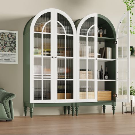 Set di 2 vetrine 76x38,5x165 cm con ante in vetro scanalato, 3 ripiani, MDF verde e metallo (1/5)