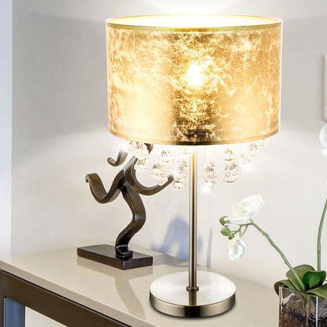 Tischleuchte Lampe Kristallleuchte Leselampe Leuchte Schlafzimmer, Kristalldekor klar Lampenschirm Blattgold Nickel matt, 1x E27 Fassung, DxH 32x56 cm