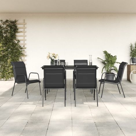 7-tlg. Garten-Essgruppe Schwarz Stahl und Textilene