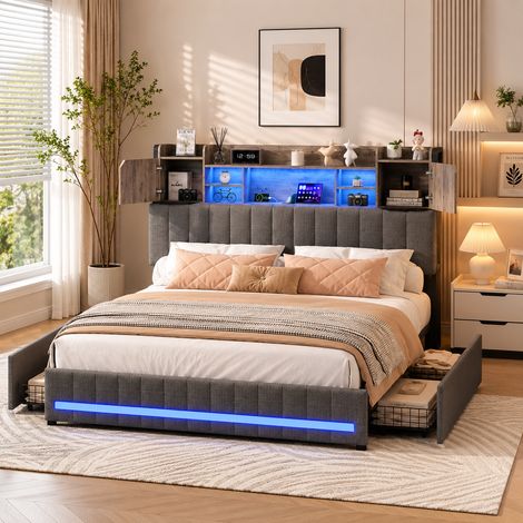Lit capitonné 140×190cm, lit double avec lumière LED et port USB, lit coffre avec 4 tiroirs de rangement,tête de lit avec rangement,grande capacité,sommier à lattes, lit adulte, lit ados, Lin, Gris (1/5)