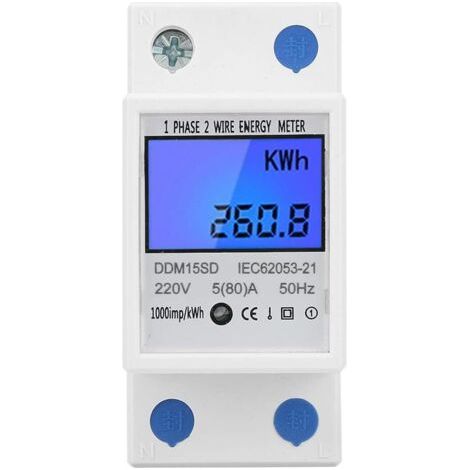 Compteur d'électricité monophasé, compteur d'énergie à relais électronique DDM15SD 5-80 A, affichage LCD numérique rétroéclairé en kWh, compteur d'énergie sur rail DIN (1/4)