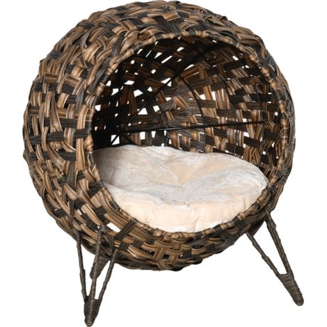 Cuccia per gatti in rattan, con cuscini, lettino, porticina per gatti e base rialzata, colore marrone, 52 cm di diametro x 58 cm di larghezza, spedita direttamente dal negozio. (1/5)