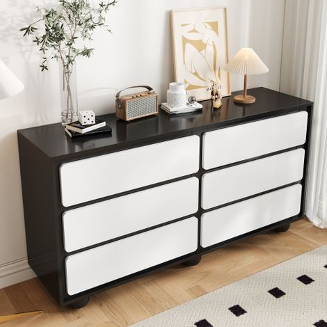 Commode à 6 tiroirs, commode noire et blanche avec pieds métalliques, 140×38×74,5cm (1/5)