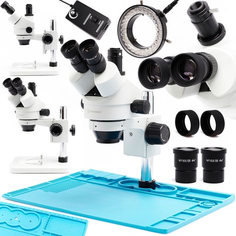 Techrebal 10HT 7X - 45X Trinokulares Stereomikroskop mit silikonbeschichtetem Metallsockel 48x32cm und einstellbarer 60X LED-Beleuchtung (1/5)