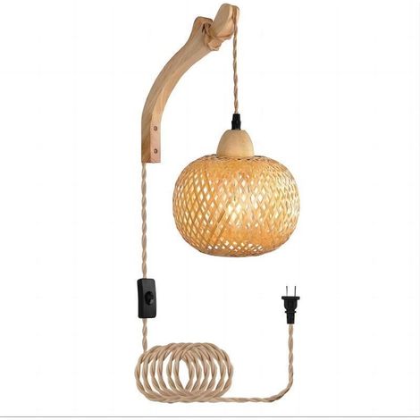 Applique Murale Intérieur Bois Vintage Lampe Murale avec Prise et Interrupteur, E27 Rétro Lanterne en Bambou, Lampe de Chevet en Rotin Pour Chambre