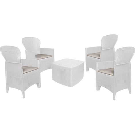 Dmora - Set salotto da esterno Sulzano, Salottino outdoor o indoor, 4 poltrone con braccioli con un tavolino contenitore, Made in Italy, Bianco (1/3)