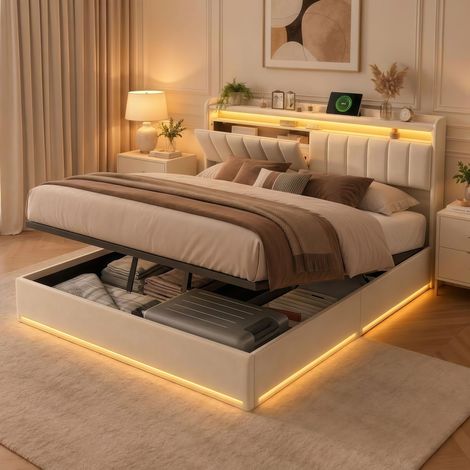 Lit coffre 160x200,lit 160x200 avec sommier à lattes,LED,USB,tête de lit de rangement,lit double capitonné,lit 2 personnes,tissu en velours,Beige